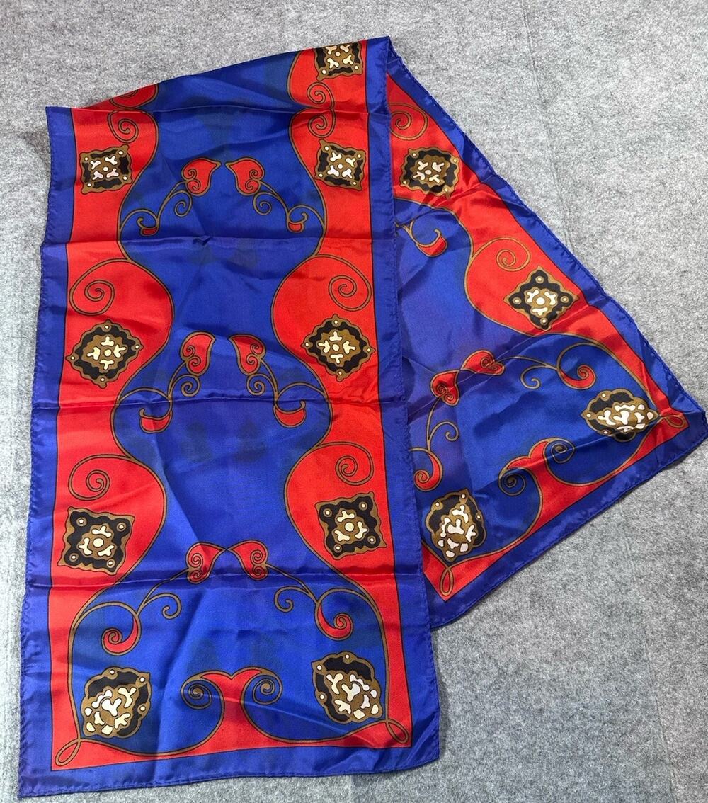 Vintage Blue Red Paisley Ornate Scarf Square Gold Scroll Pattern No Label 11x42